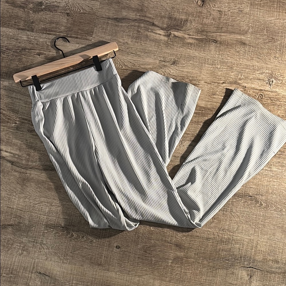 Chic Gray Striped Lounge Pants High waisted